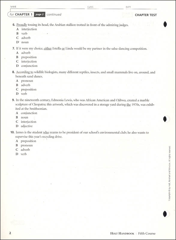 Holt Traditions Warriner's Handbook Chapter Tests With Answer Key Fifth Course Grade 11 Holt