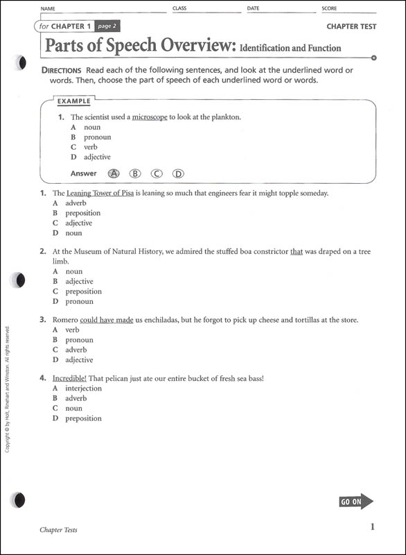 Holt Traditions Warriner's Handbook Chapter Tests With Answer Key Grade 12 Sixth Course Holt