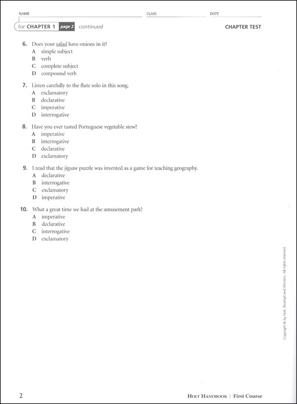 Holt Traditions Warriner's Handbook Chapter Tests With Answer Key Grade 7 First Course Holt