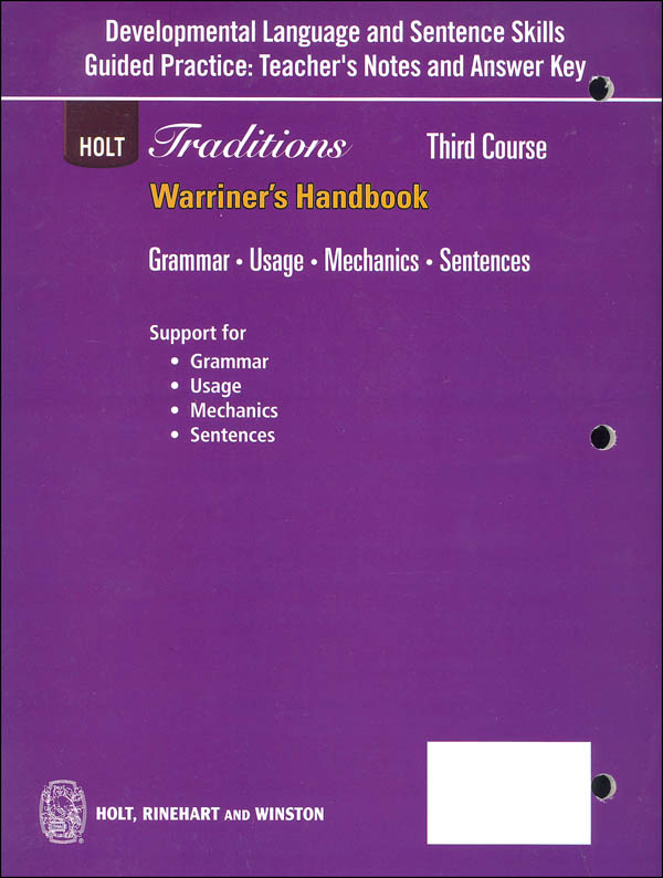 Holt Traditions Warriner's Handbook Developmental Language and Sentence Skills Answer Key Grade