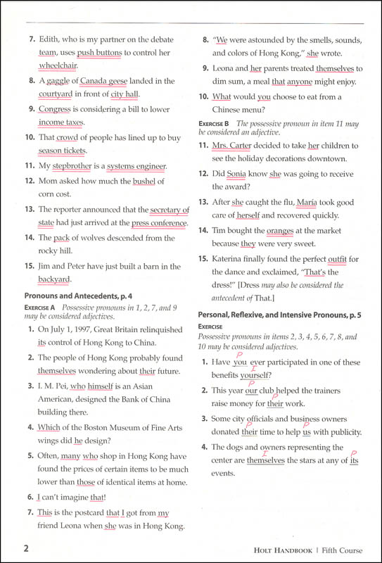 Holt Traditions Warriner's Handbook Language and Sentence Skills Practice Answer Key Fifth