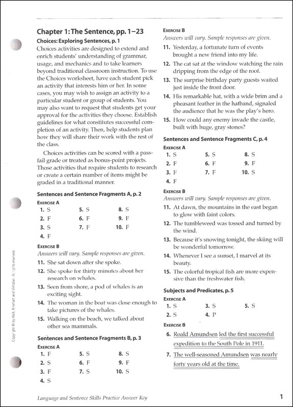 Holt Traditions Warriner's Handbook Language and Sentence Skills Answer ...