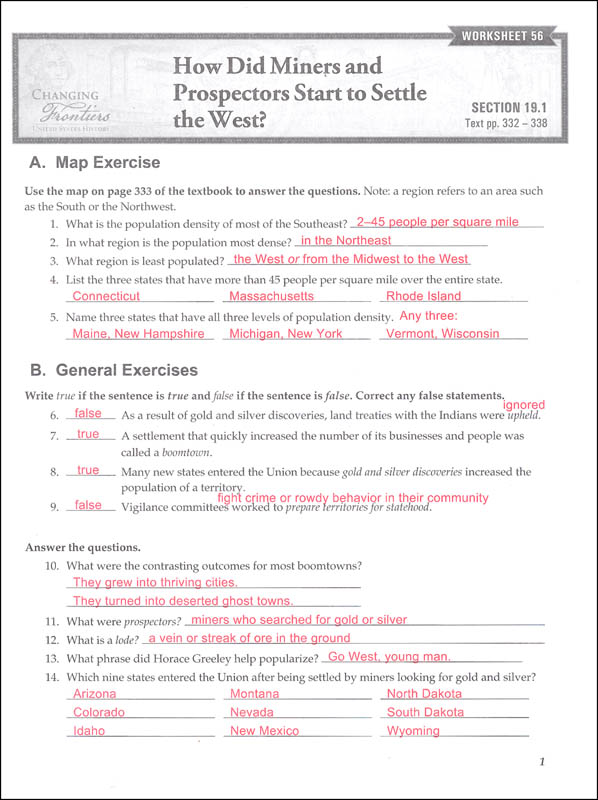 social studies grade 8 changing frontiers worksheet answer key 2 christian light