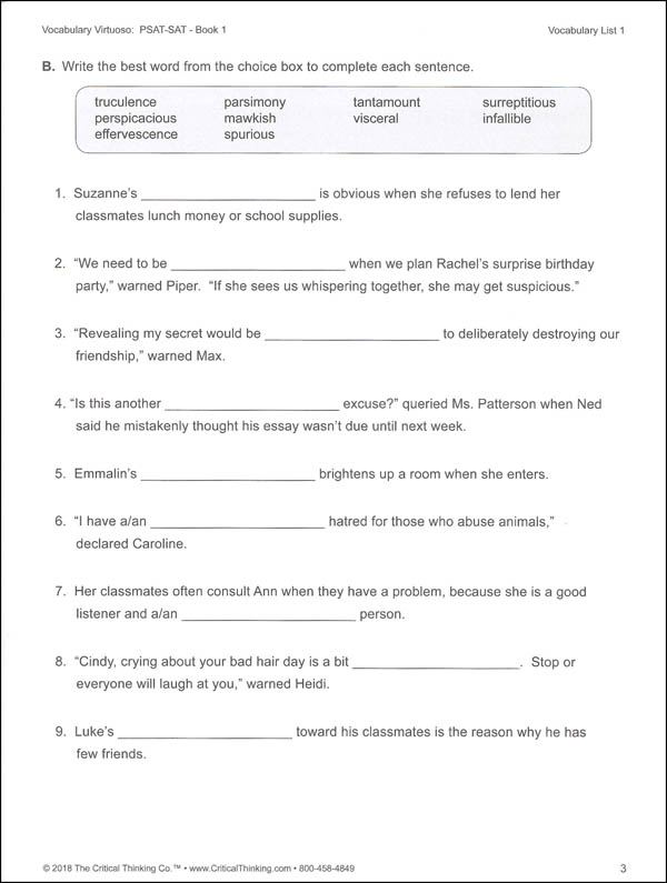 Vocabulary Virtuoso: PSAT-SAT Book 1 | Critical Thinking Company ...