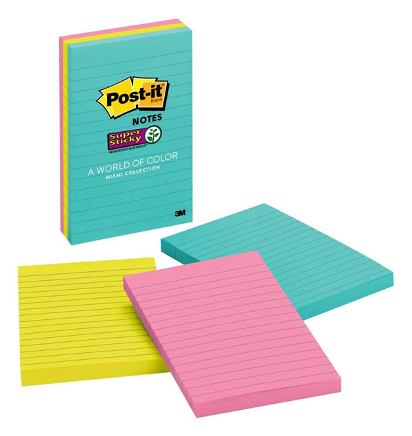 Post-It Super Sticky Notes, 4"x 6",Lined - Miami Colors (3 pack)
