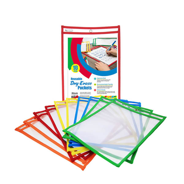 Reusable Dry Erase Pockets Primary Color (10/Pack) Bazic Products