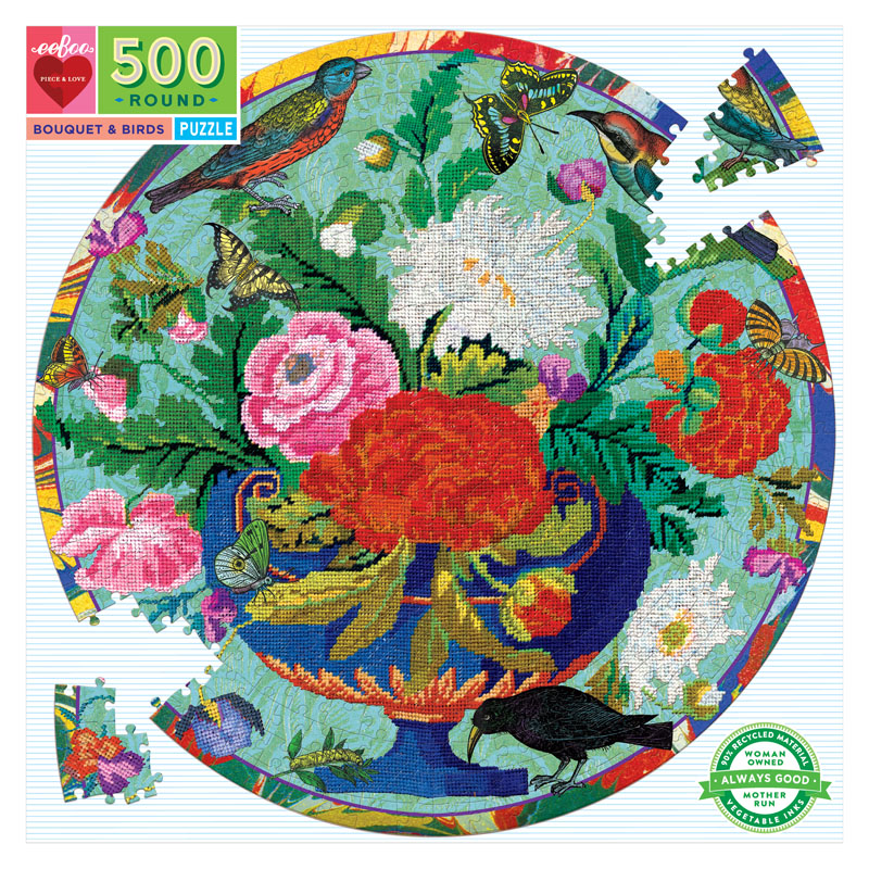 Bouquet & Birds Round Jigsaw Puzzle (500 pieces)