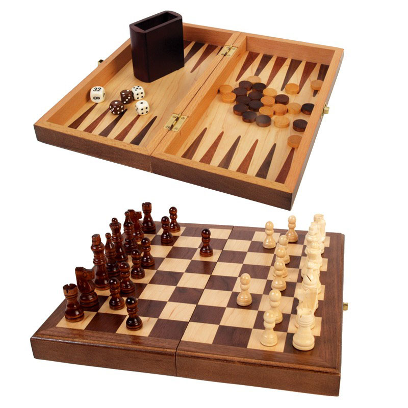 and Backgammon Game Set Checkers 3-in-1 Wood Combination Chess 