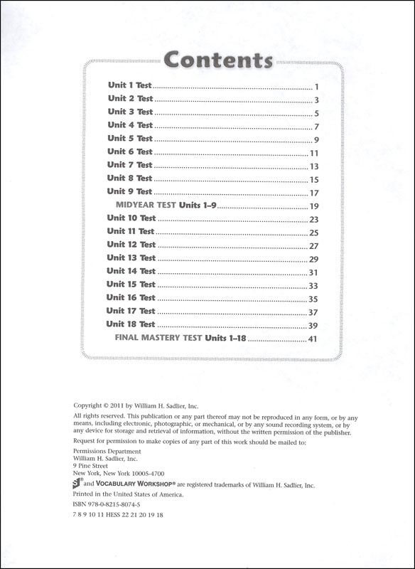 Vocabulary Workshop Enriched Test Booklet Form B Grade 4 (orange ...