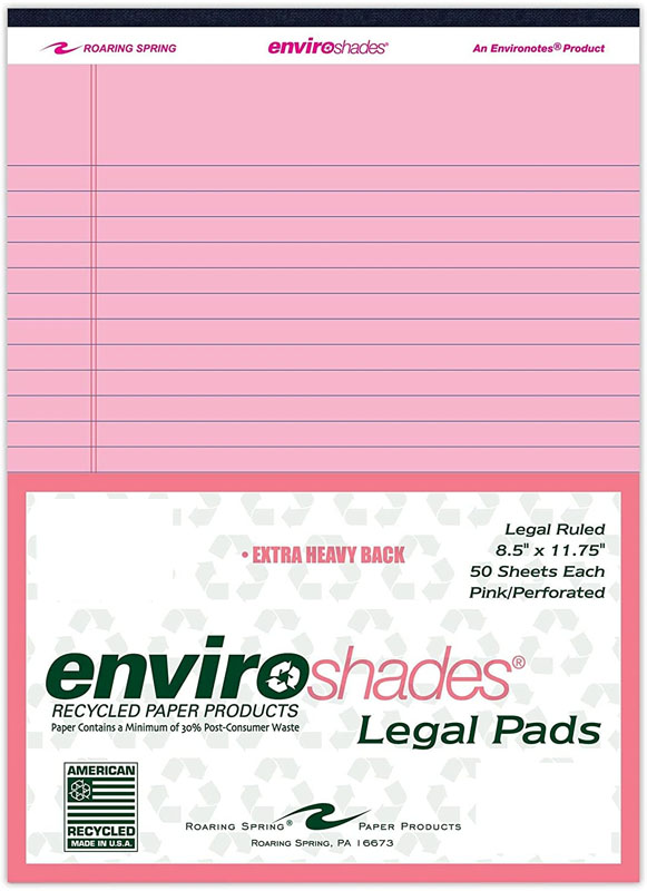 Enviroshades Pink Legal Pad - Lined (8.5"x11.75") 50 sheets