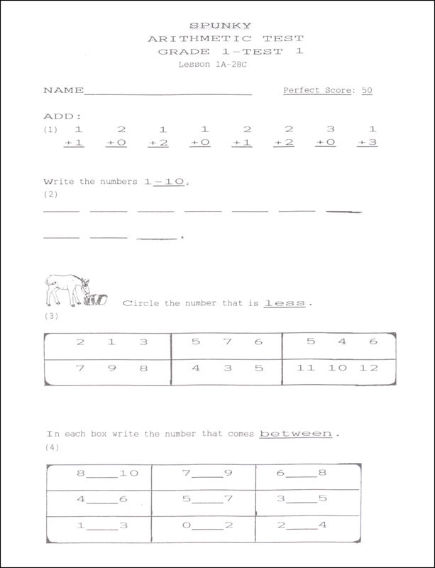 Learning Numbers with Spunky Tests Grade 1 Test 1
