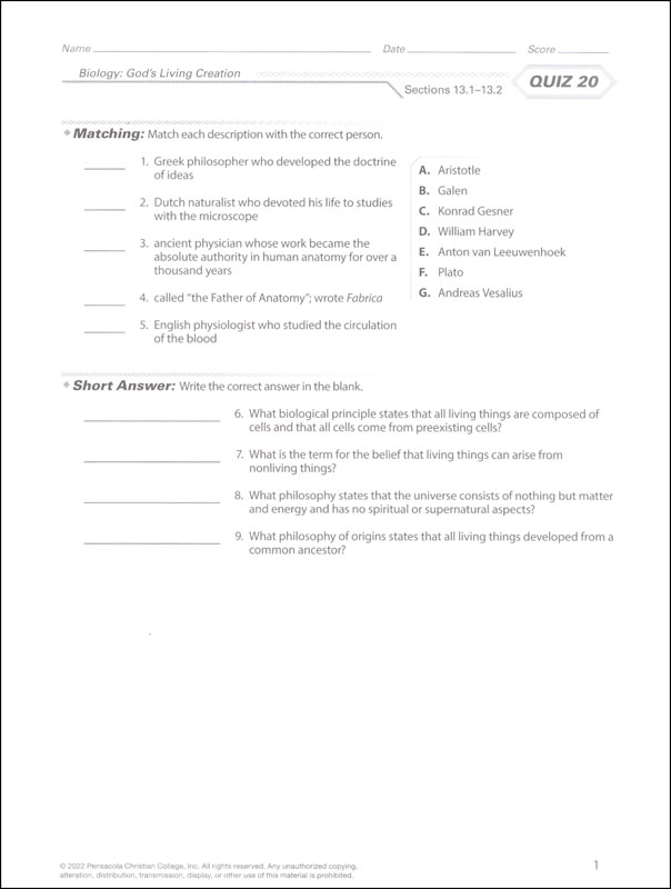 Biology: God's Living Creation Quiz and Test Book Volume 2 (5th Edition ...