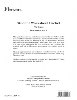 Horizons Math 1 Worksheet Packet