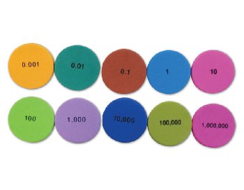Place Value Disks - 10 Values, 0.001 - 1,000,000 (875 disks)