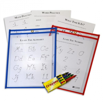 Reusable Dry Erase Pocket Kit 12" by 9" Study Aid with Dry Erase Crayons and Templates