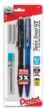 Twist-Erase GT 1 Click Mechanical Pencil (0.7mm) Assorted Barrels,w/lead & erasers - 2 pack