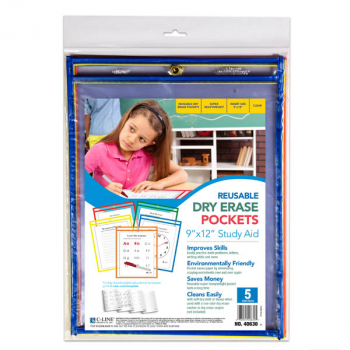 Reusable Dry Erase Pockets 9 x 12 Assorted Primary Colors (5 Pack)