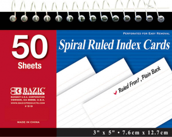 Spiral Bound 3" x 5" Ruled White Index Cards - 50 Count