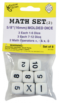 Math Set 2 - Set of 8 Dice (3 Numbers 1-6, 3 Numbers 7-12, 2 Math Operators)