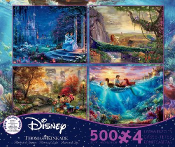 Cinderella, Lion King, Mickey & Minnie City, Little Mermaid 4-in-1, 500 Piece Puzzles (Thomas Kinkade Disney Collection)