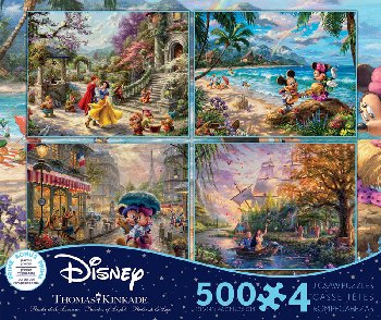 Snow White, Mickey & Minnie in Hawaii, Mickey & Minnie in Paris, Pocahontas 4-in-1, 500 Piece Puzzles (Thomas Kinkade Di