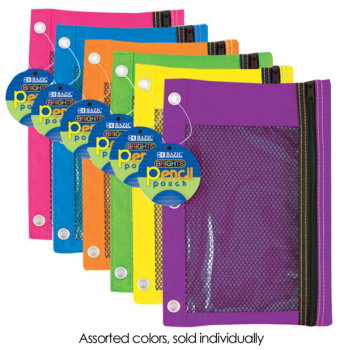 Pencil Pouch 3-Ring with Mesh Window  (Bright assorted colors)