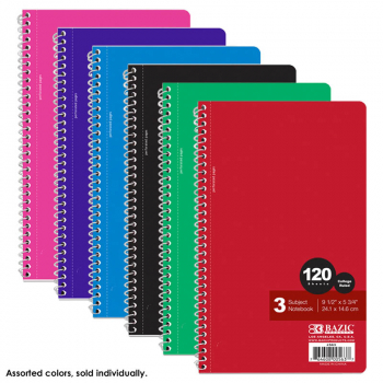 Spiral-Bound College Ruled 3-Subject Notebook (9.5" x 5.75") 120 Sheets