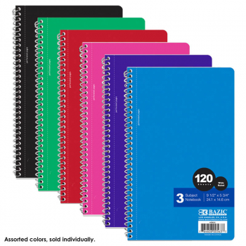 Spiral-Bound Wide Ruled 3-Subject Notebook (9.5" x 5.75") 120 Sheets