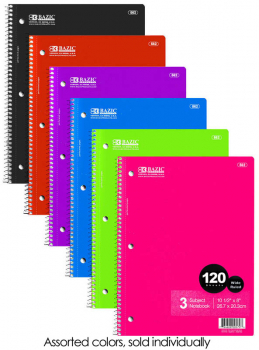 Spiral-Bound Wide Ruled 3-Subject Notebook 120 Sheets