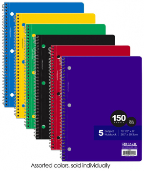 Spiral-Bound Wide Ruled 5-Subject Notebook 150 Sheets