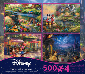 Alice in Wonderland, Beauty & the Beast, & Mickey & Minnie Mouse 4-in-1, 500 Piece Puzzles (Thomas Kinkade Disney Collec