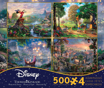 Fantasia, Lady & the Tramp, Tangled, & Winnie the Pooh 4-in-1, 500 Piece Puzzles (Thomas Kinkade Disney Collection)
