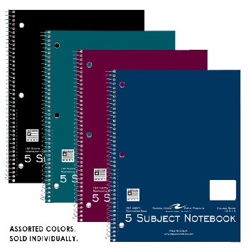5 Subject College Ruled Notebook (Brite Cover - Assorted Colors)