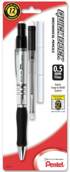 Quick Dock 0.5mm Automatic Pencil - Silver with Black Accents + 1 Refill Cartridge + 3 Eraser Refills