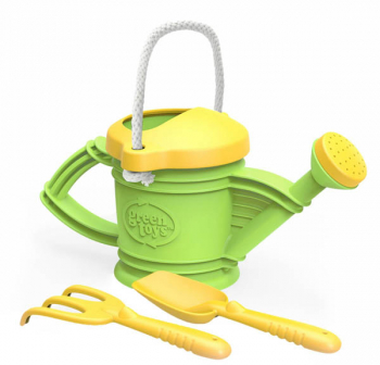 Green Watering Can with Shovel and Rake