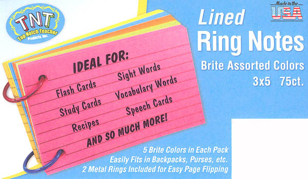 Ring Notes Lined Bright Assorted Index Cards 3" x 5" (75 count)